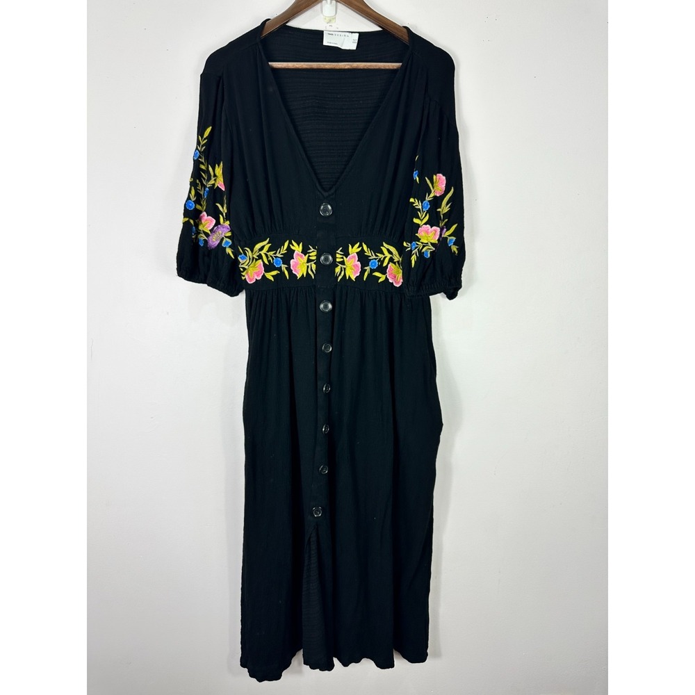 Asos Black Floral Embroidered Midi Dress 8 Button Short Sleeve Dark Cottage Boho
